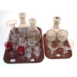 Antique glass comprising a pair of Georgian decanters and a single decanter with stoppers, an
