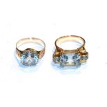 Two blue synthetic spinel rings, finger sizes K1/2 and M. Both unmarked, gross weight 12.3 grams.