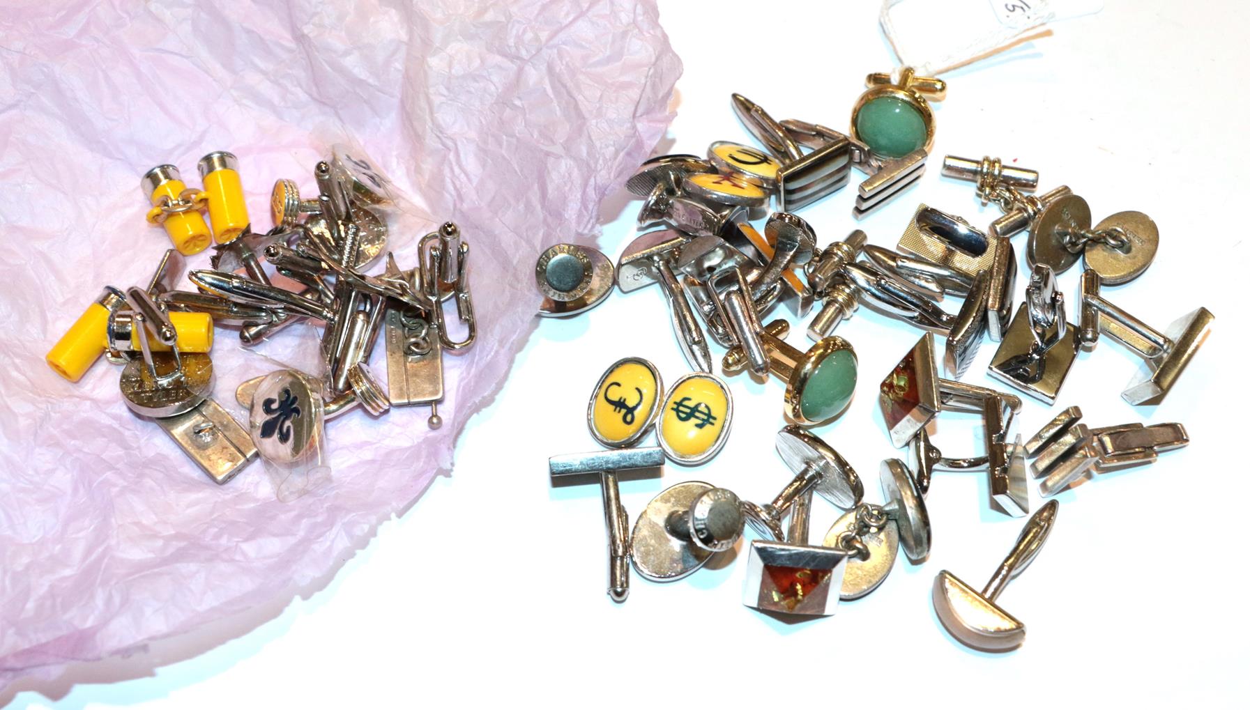 A quantity of silver and plated cufflinks including chain linked and hinged bar examples