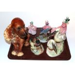A tray including a Goebel Spaniel dog, Royal Crown Derby pheasant, Katchutz china figure; two