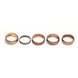 Four 9 carat gold band rings, various finger sizes; and an unmarked band ring. Gross weight 12.98