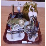 Tray including glass vase,bird figures, Spi gallery Crane figure, a box of 19th century