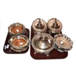 Three plated tureens with covers together with three pairs of plated wine coasters (9)