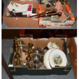 Three boxes of assorted Webb and Royal Albert crystal, silver plate, brass candlesticks, two walking