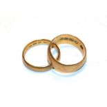 Two 22 carat gold band rings, finger sizes I and K. Gross weight 9.02 grams.