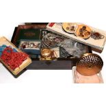 A 19th century rosewood box containing costume jewellery, two silver handled button hooks, brooches,