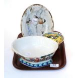 A Chinese dragon bowl with another Chinese yellow ground tea bowl and a plate (3)