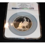 Silver Proof 'Britannia' £10 2013, 'First Strike' presentation coin; obv. Rank-Broadley portrait
