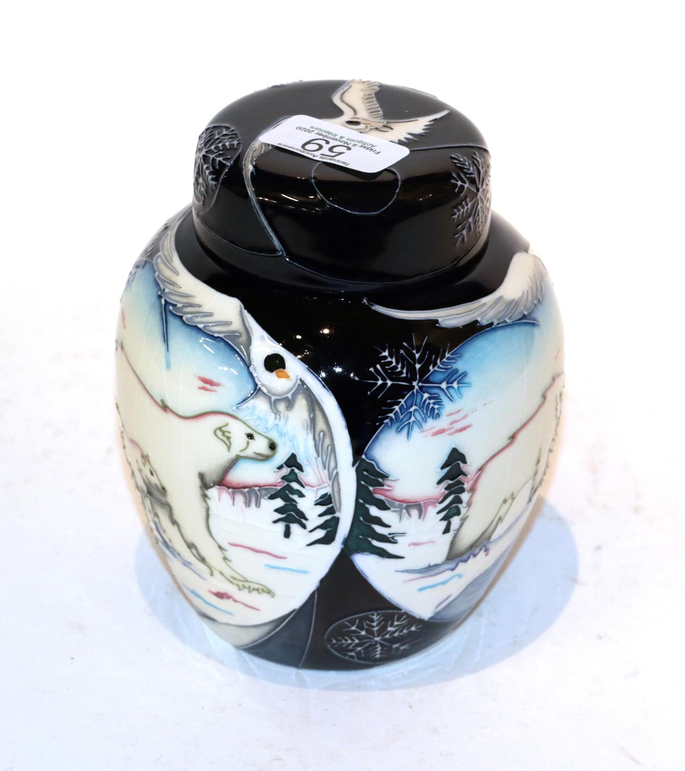 A Moorcroft collector's club Arctic Tundra ginger jar and cover . First quality. Some firing flaws