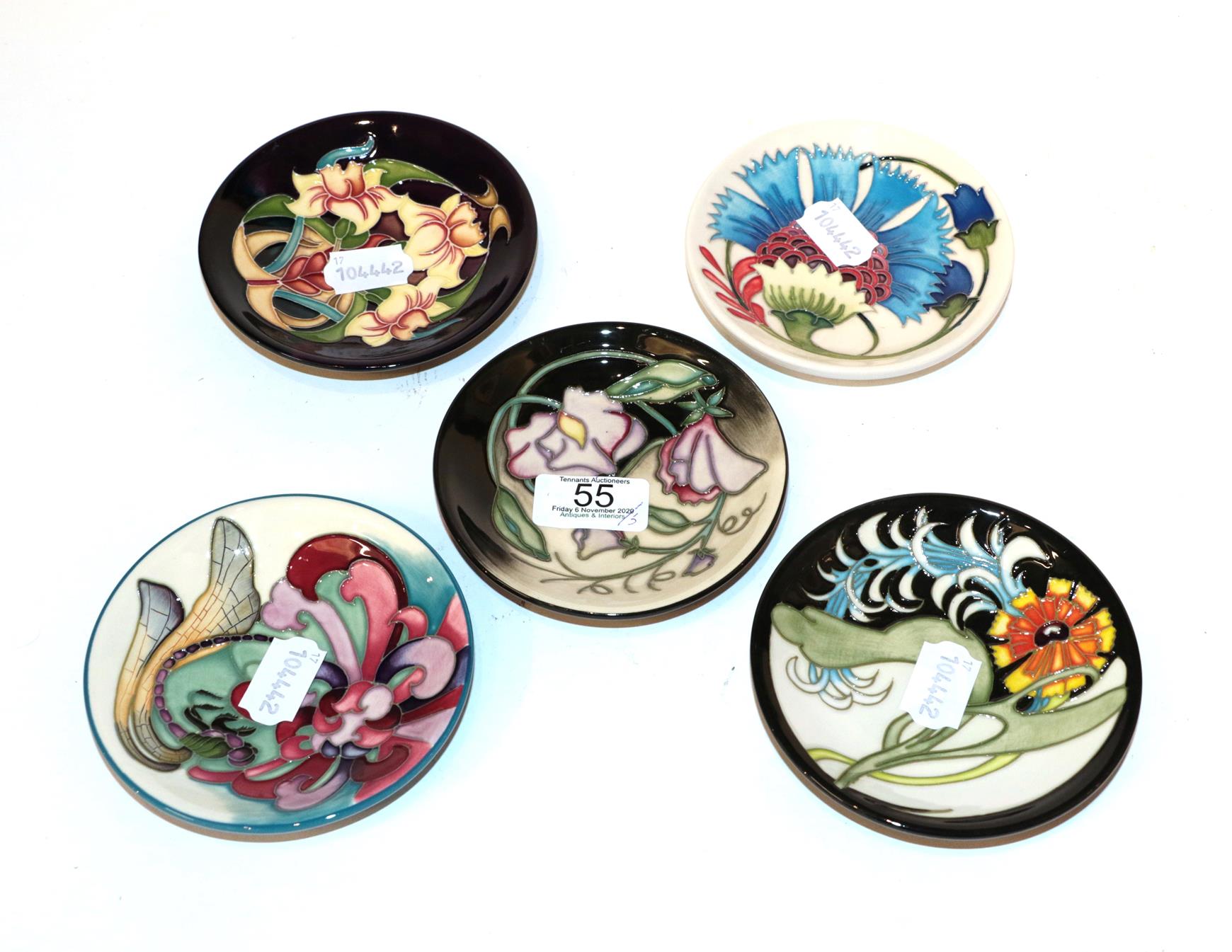 Five Moorcroft miniature dishes, various (5). All are first quality. 12cm diameter (x3), 11.8cm