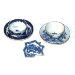 Two 19th century tea bowls and saucers and a pickle dish