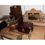 An oak hanging coat rack, a pine mirror with shelf, a mahogany corner cupboard, four assorted