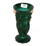 A green malachite glass vase, circa 1930, depicting nudes with floral decoration