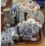 A group of modern Chinese ceramics, comprising two blue and white boxes and covers; a tulip vase;