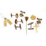 Two pairs of 9 carat gold cufflinks; a pair of cufflinks stamped '9CT'; a 9 carat gold cross