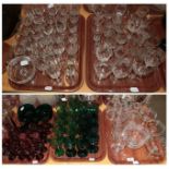 Coloured Victorian glasses and a quantity of engraved glass (on five trays)
