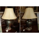 A pair of modern metal and floral decorated table lamps, with shades