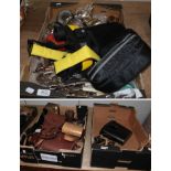 Three boxes of binoculars, telescope, plated ware etc