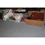 Linen, boxes, plates ware, stamp album, etc (qty)