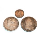 3 x Milled English Coins comprised of William III, 1695 Crown. Obv: First draped bust right. Rev: