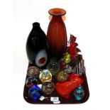 Tray of assorted colour art glass and paperweights