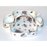 A Hammersley & Co strawberry dish painted with purple floral sprays and with integral sugar and
