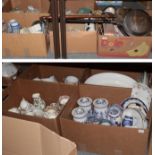 Twelves boxes of assorted 19th century and later tea wares, blue and white ceramics, warming pans,