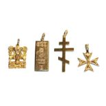 A 9 carat gold ingot pendant, length 3.6cm; a hieroglyphic pendant, stamped '14K'; a Maltese cross