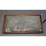 Cased diorama of sailing ship and lighthouse
