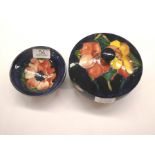 A Walter Moorcroft miniature dish and bowl with cover (2). Both first quality. Both with light