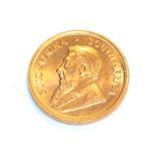 South Africa, 1974 Krugerrand. 1 oz. fine gold (.999). Obv: Bust of Paul Kruger left. Rev: