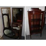 A small Edwardian mahogany display cabinet; a painted stick-back chair; and five assorted framed