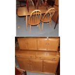 An Ercol elm dining suite comprising a sideboard, 136cm by 46cm by 123cm, a dining table, 152cm by
