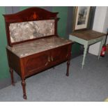 Edwardian marble top washstand together with a pine two-drawer table