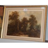 English School (19th century) Wooden landscape with figures, oil on canvas together with a