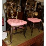 A pair of Victorian ebonised and mother-of-pearl bedroom chairs; together with a pink upholstered