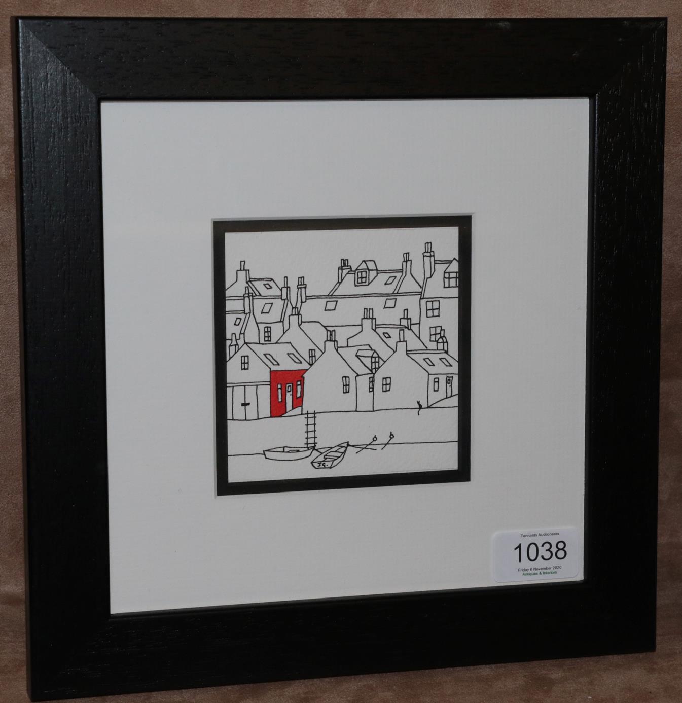 John Glynn (b.1964) Seaside town Initialled, pen and ink, 10cm by 9.5cm Artist's Resale Rights/Droit