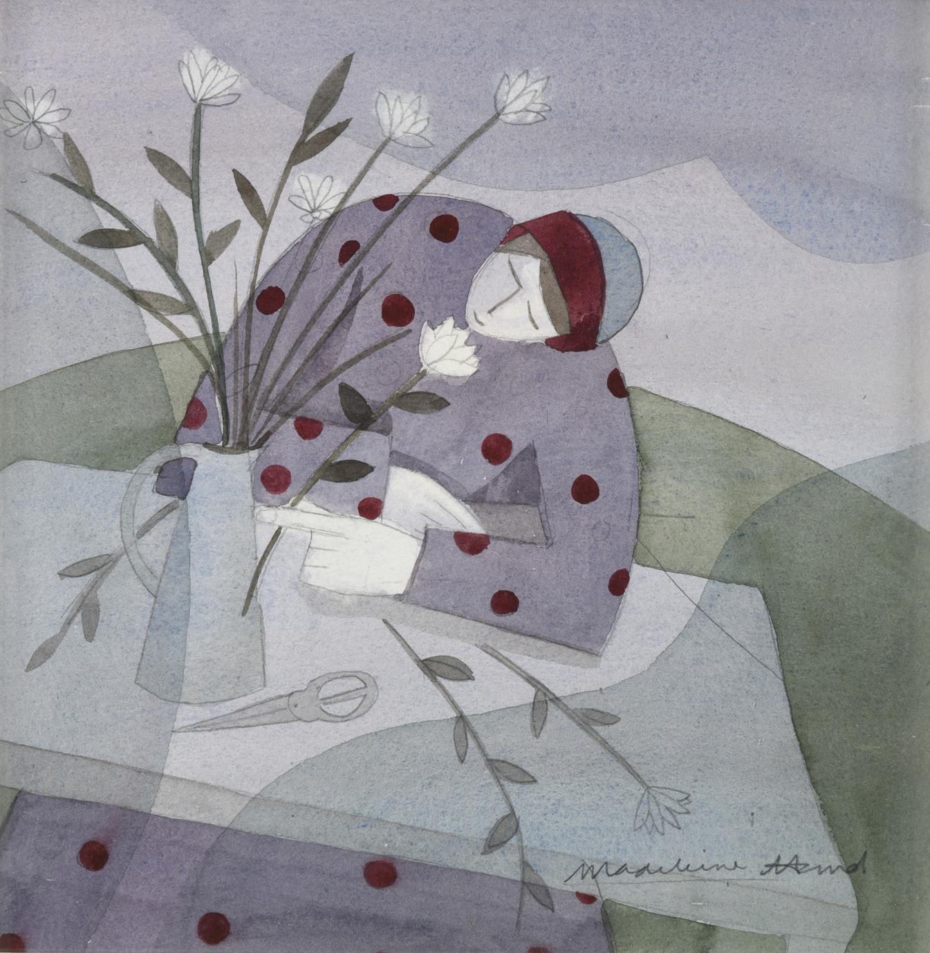 Madeline Hand (b.1959) Scottish ''Arranging Flowers'' Signed, watercolour, 25cm by 25cm