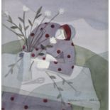 Madeline Hand (b.1959) Scottish ''Arranging Flowers'' Signed, watercolour, 25cm by 25cm