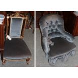 A 19th century carved gilt-wood nursing chair, upholstered in blue velvet; and a Victorian button-