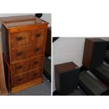 A reproduction yew wood hi-fi cabinet containing a Trio turntable, cassette deck, stereo receiver, a