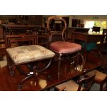 A Victorian mahogany X-frame stool, with over-stuffed seat; a Victorian dining chair; and an