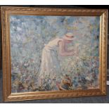 William Norman Gaunt FIAL NDD (1918-2001) Lady in a white dress and sun hat tending to her flowers