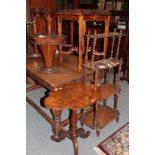 A 19th century walnut sewing box; a Victorian four-tier waterfall whatnot; a Regency wine table; and