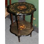 A reproduction Italian style marquetry decorated two-tier occasional table