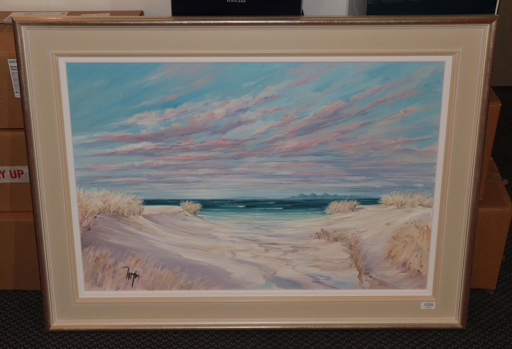 Tom Barron (Contemporary) ''Machrihanish Dunes to Jura'' Signed, inscribed verso, oil on canvas,