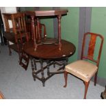 A quantity of furniture comprising two mahogany folding cake-stands; an oak drop-leaf dining