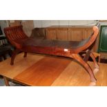 A reproduction hardwood bench, with scrolled end supports, 123cm wide