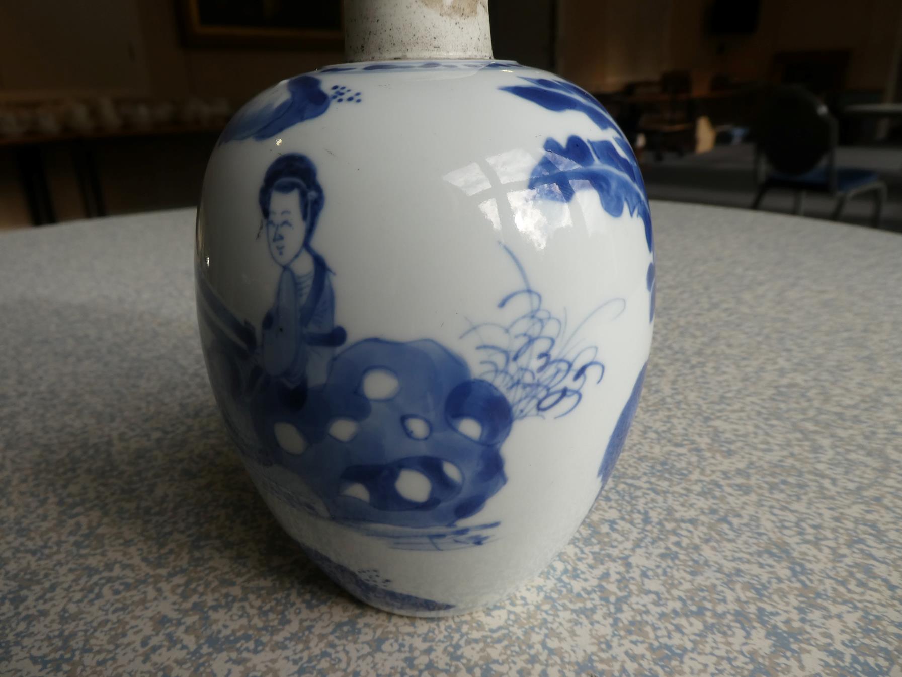 A Chinese Porcelain Jar, Kangxi, of ovoid form, painted in underglaze blue with maidens in a - Image 4 of 15