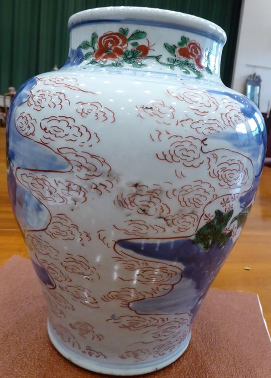 A Chinese Wucai Porcelain Jar and Cover, Transitional, mid 17th century, of baluster form, painted - Image 7 of 8